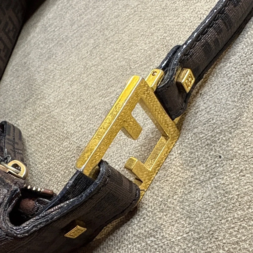 Authentic Fendi Dark Brown Zucchino FF Logo Hobo Bag with Gold-Tone Accents